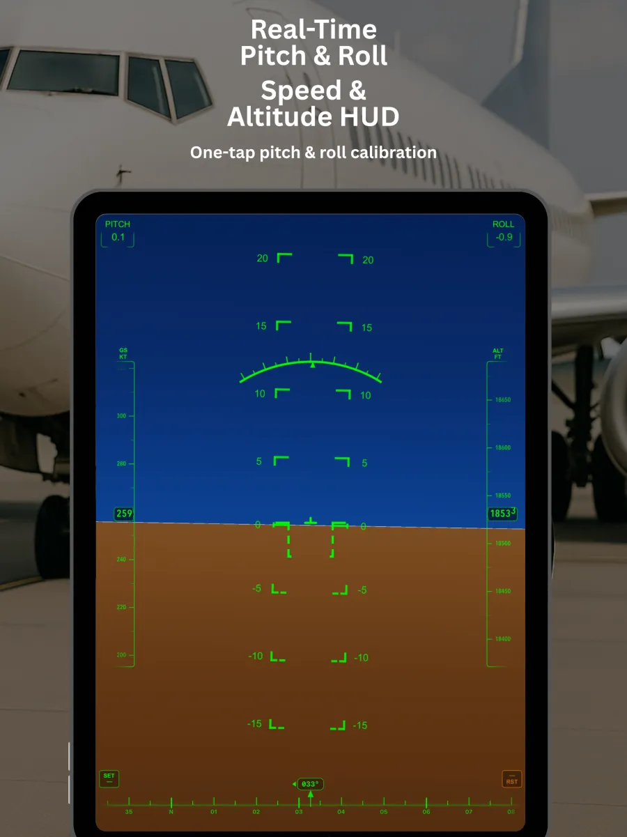 AirHorizon on iPad showing the artificial horizon with speed and altitude HUD tapes