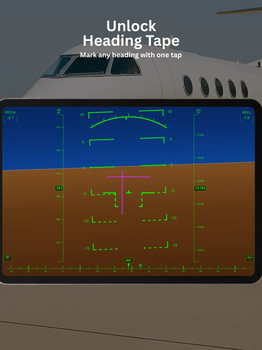 AirHorizon on iPad showing the heading tape with a marked heading