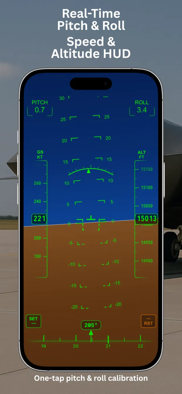 AirHorizon artificial horizon showing pitch, roll, ground speed and altitude HUD