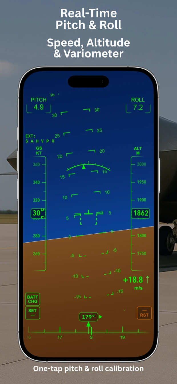 AirHorizon on iPhone showing pitch, roll, ground speed, altitude and variometer