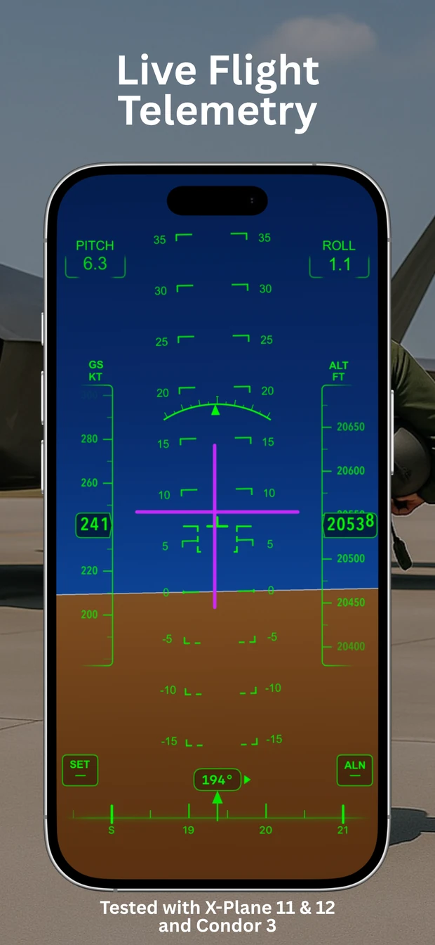 AirHorizon on iPhone displaying external flight telemetry, tested with X-Plane 11, X-Plane 12 and Condor 3